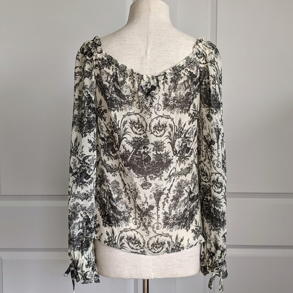 PAIGE Blouse 100% Silk Semi-Sheer Long Sleeves Toile Print Black Parchment S NWT - Picture 9 of 16